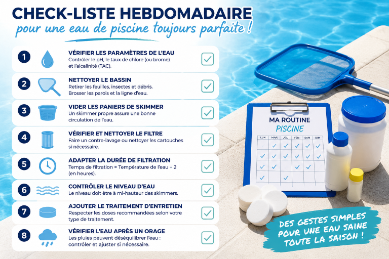 Check-list hebdomadaire : les gestes essentiels pour garder une eau de piscine propre et limpide